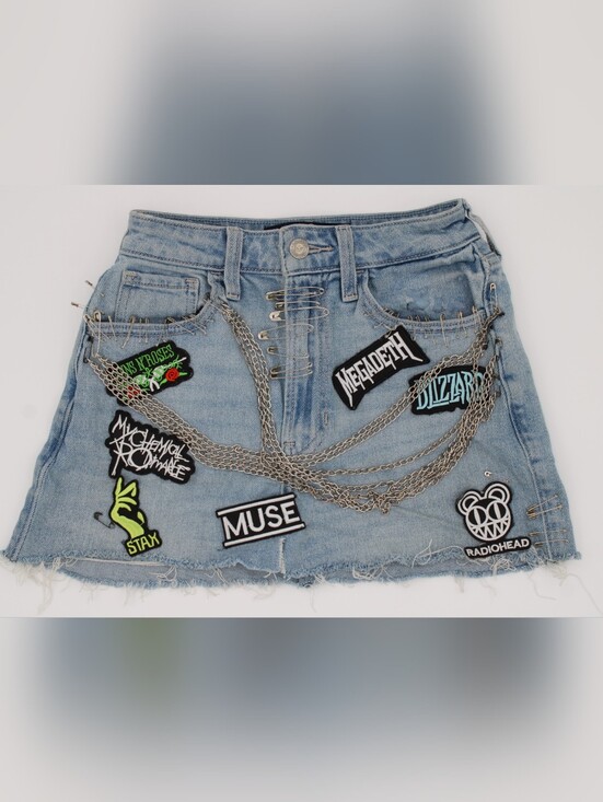 Hollister Dresses & Skirts - Hollister Custom Punk Rock Denim Mini Skirt Band Patches Chains Size 00R